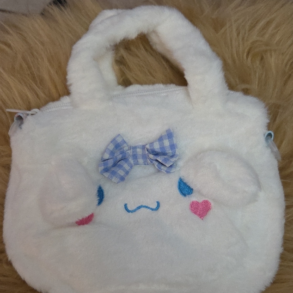Bag, Cinnamon Roll Adorable White Plush Kids Bag with Blue Bow NWOT